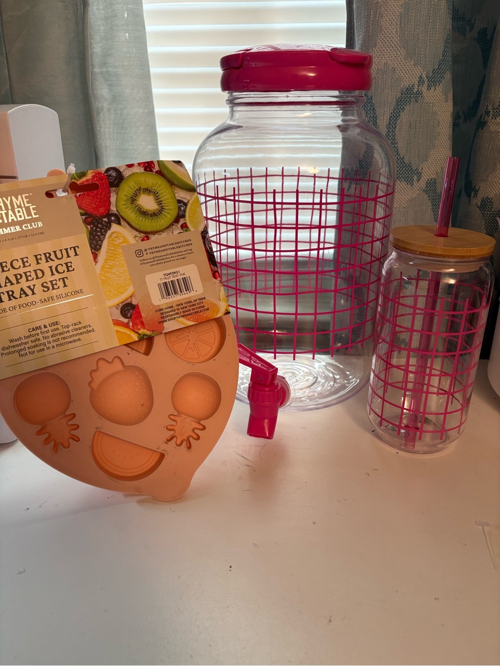Mainstays Pink Grid Beverage Dispenser with Travel Tumbler and Fruit Ice Tray